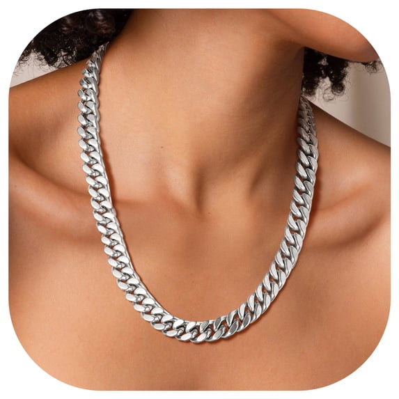 FindChic Chunky Silver Chains for Women Men 12mm Stainless Steel Cuban Link Necklace Birthday Graduation Fathers Day Jewelry Gifts Dad Husband Boyfriend Him, 20inch
