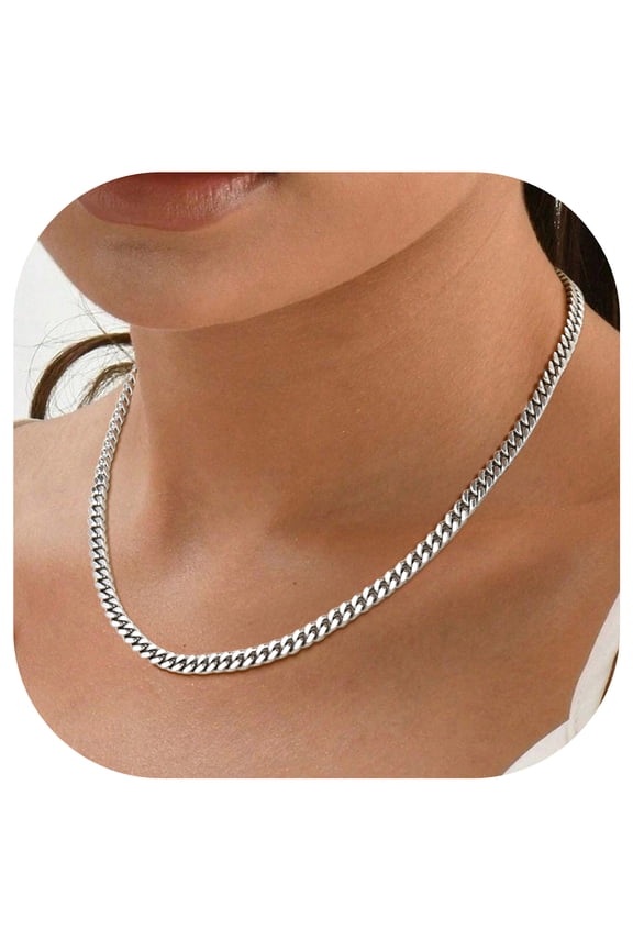 Silver Chains for Women 5mm Stainless Steel Cuban Link Necklace Birthday Graduation Jewelry Gifts Her Mom Wife, 18inch