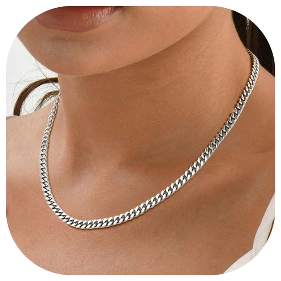 FindChic Silver Chains for Women 5mm Stainless Steel Cuban Link Necklace Birthday Graduation Jewelry Gifts Her Mom Wife, 18inch