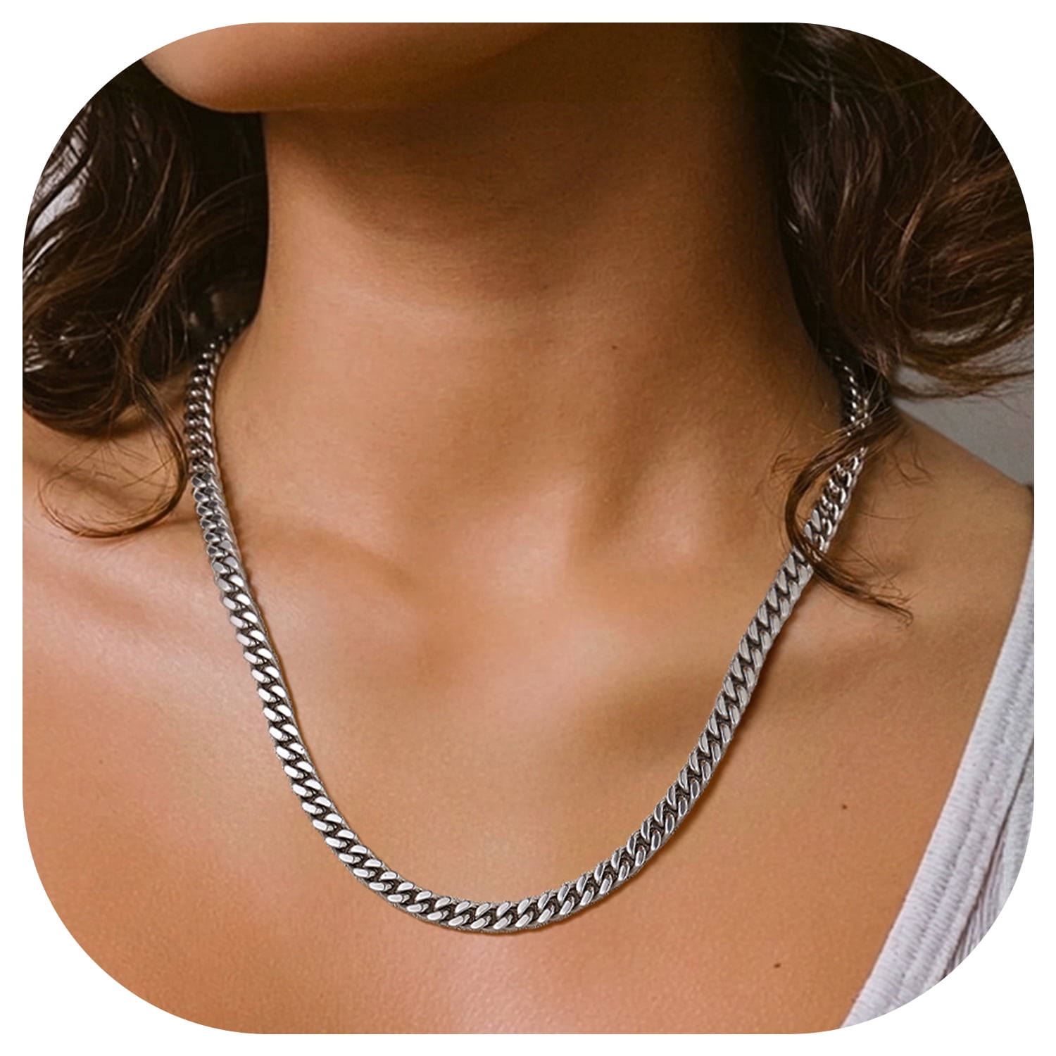 FindChic Silver Chains for Women 5mm Stainless Steel Cuban Link Necklace Birthday Graduation Jewelry Gifts Her Mom Wife, 20inch