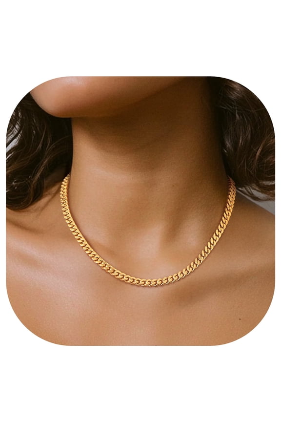 Chunky 14K Gold Plated Necklace for Women Stainless Steel Hip Hop Cuban Link Chain Birthday Valentines Day Jewelry Gifts Her Girlfriend Wife Lady Female Adults Age Ideas, 5mm/18inch