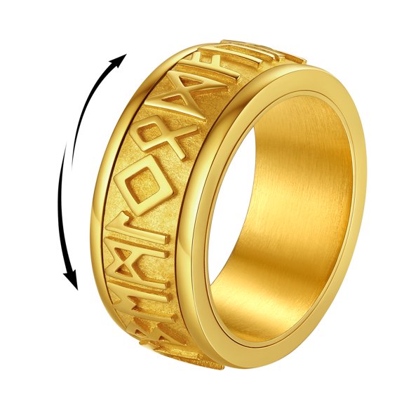 FindChic Fidget Rotatable Rings for Men Stainless Steel Gold Plated Viking Rune Rings Stress Relief Pagan Amulet Anxiety Band Rings, Size 7-14