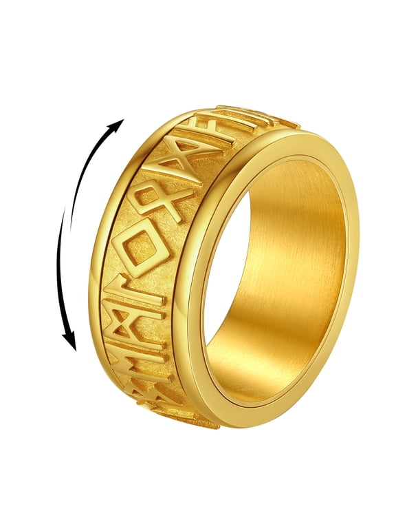 Fidget Rotatable Rings for Men Stainless Steel Gold Plated Viking Rune Rings Stress Relief Pagan Amulet Anxiety Band Rings, Size 7-14