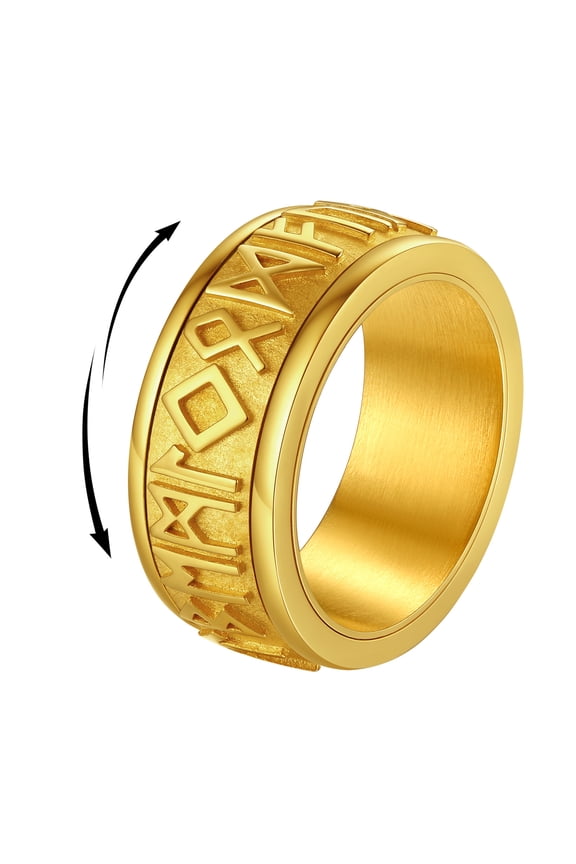 Fidget Rotatable Rings for Men Stainless Steel Gold Plated Viking Rune Rings Stress Relief Pagan Amulet Anxiety Band Rings, Size 7-14