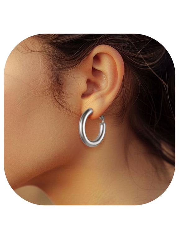 Silver Hoop Earrings for Women Stainless Steel Huggie Loop Earrings Hollow Tube Hoops Birthday Christmas Jewelry Gifts Her Mom Wife, 30mm