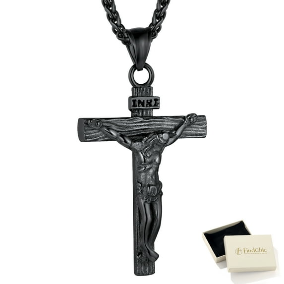 FindChic Black Cross Necklaces for Men Stainless Steel INRI Crucifix Pendant Necklace Jesus Piece Religious Praying Jewelry for Christian Dad Father's Day Gift
