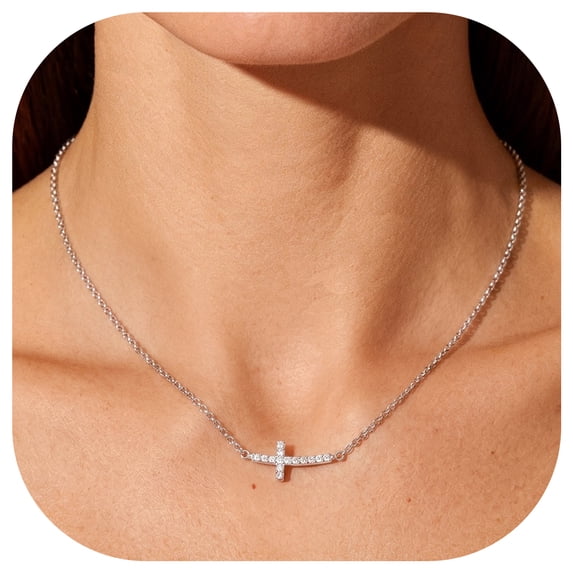 FindChic Cross Necklace for Women, Dainty Tiny Sideway Silver Cross Choker Pendant Necklace with Cubic Zirconia, Trendy Cute Easter Basket Stuffers Baptism Religious Faith Jewelry Gift