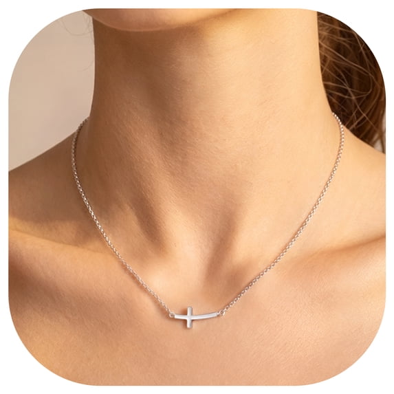 FindChic Cross Necklace for Women Silver Dainty Tiny Sideway Cross Choker Pendant Necklace Simple Trendy Cute Easter Basket Stuffers Baptism Religious Faith Jewelry Gift