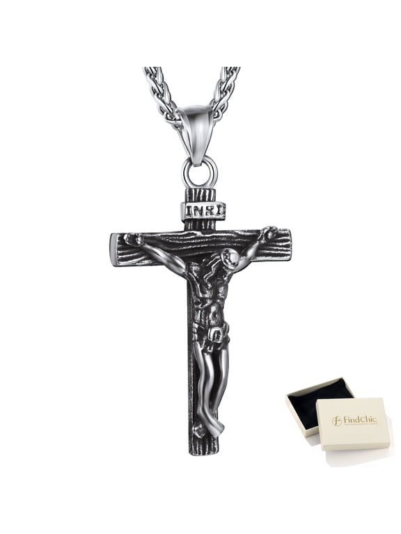 Cross Necklaces for Men Stainless Steel INRI Crucifix Pendant Necklace Jesus Piece Christian Religious Birthday Easter Basket Stuffers Jewelry Gifts Him Son