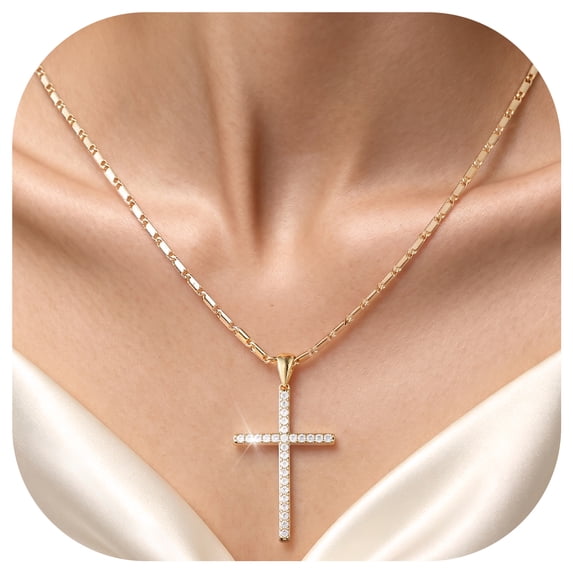 FindChic Cross Necklaces for Women, 14K Gold Plated CZ Cross Pendant Necklace Christmas Easter Basket Stuffers Baptism Religious Faith Jewelry Gifts for Mom Daughter - Medium