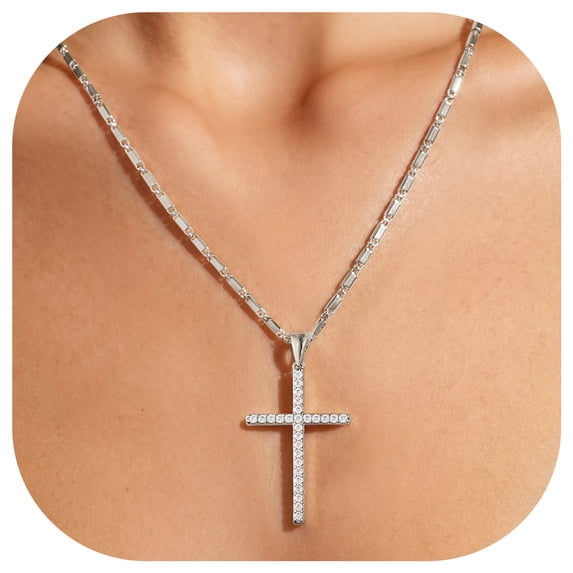 FindChic Cross Necklaces for Women, Silver CZ Cross Pendant Necklace Christmas Easter Basket Stuffers Baptism Religious Faith Jewelry Gifts for Mom Daughter - Medium