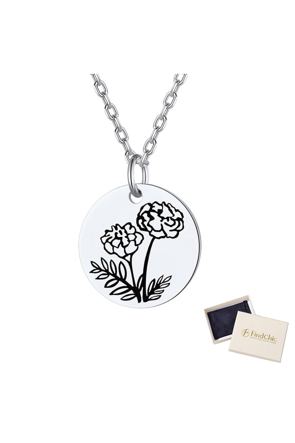 Sterling Silver Necklaces for Women Dainty Birth Flower Disc Charm Necklace Jan. to Dec. Guardian Month Floral Marigold Pendant Jewelry Gift for Birthday with Box
