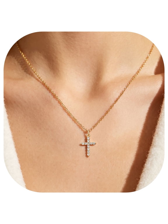 Dainty Cross Necklace for Women, 14K Gold Plated Cubic Zirconia Small Cross Faith Pendant Necklaces Religious Jewelry Gift, 18" + 2"