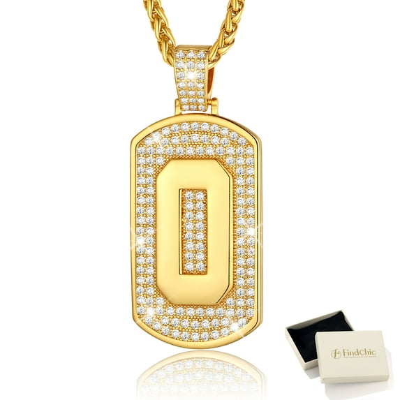 FindChic 14K Gold Plated Necklaces for Men Women Cubic Zirconia Dog Tag Letter O Pendant Birthday Anniversary Jewelry Gifts for BF Husband