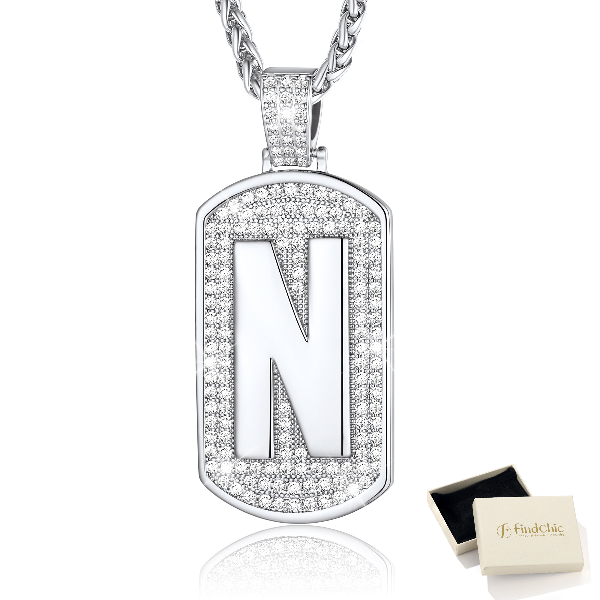 FindChic Dog Tag Necklaces for Men Women Initial Letter N Pendant Cubic Zirconia Platinum Plated Birthday Christmas Jewelry Gifts for Him Husband