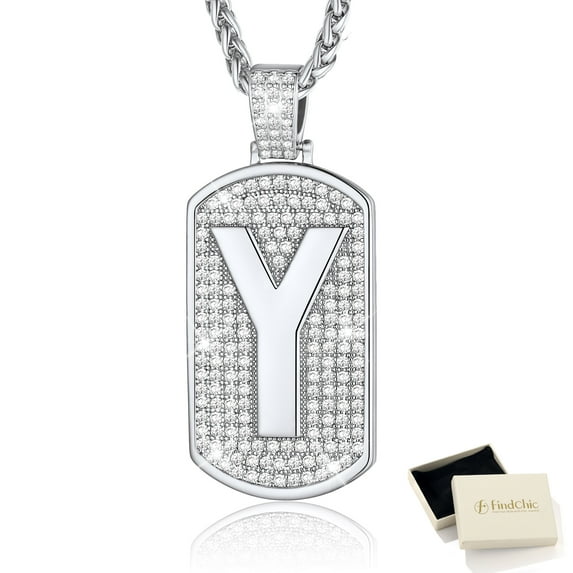 FindChic Dog Tag Letter Y Pendant for Women Men, Platinum Plated Cubic Zirconia Necklaces Birthday Anniversary Jewelry Gifts for Him Husband
