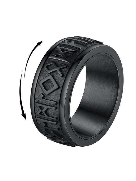 Fidget Rotatable Rings for Men Stainless Steel Viking Rune Black Rings Stress Relief Pagan Amulet Anxiety Band Rings, Size 7-14