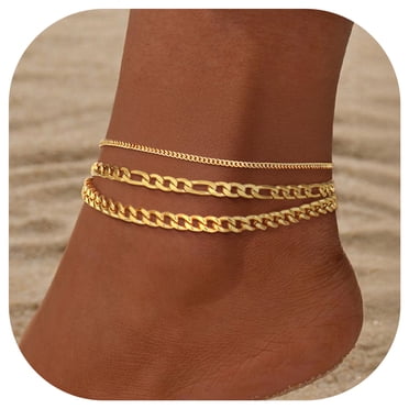 FindChic Ankle Bracelets for Women 14K Gold Plated 3-Layered Anklets Set Waterproof Figaro Chain Cuban Link Summer Foot Jewelry Birthday Gifts for Her Mom Wife