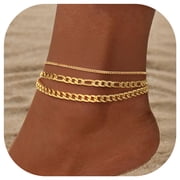 FindChic Ankle Bracelets for Women 14K Gold Plated 3-Layered Anklets Set Waterproof Figaro Chain Cuban Link Summer Foot Jewelry Birthday Gifts for Her Mom Wife
