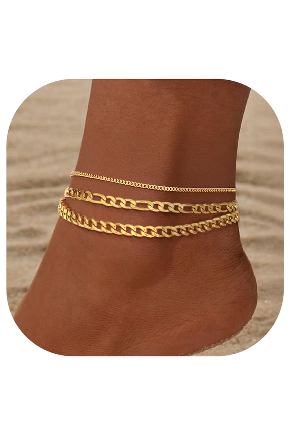 Ankle Bracelets for Women 14K Gold Plated 3-Layered Anklets Set Waterproof Figaro Chain Cuban Link Summer Foot Jewelry Birthday Valentines Day Gifts for Her Girlfriend Wife Adults Age Ideas