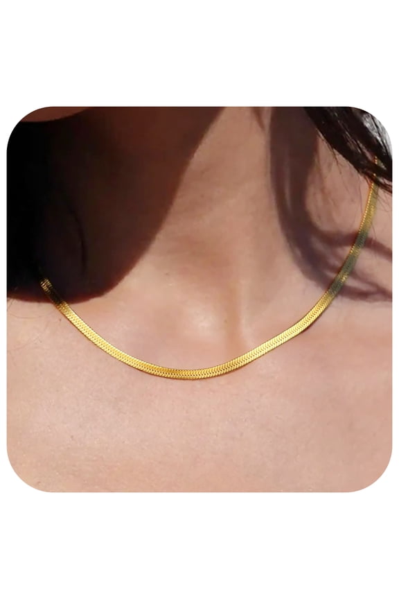 14K Gold Plated Necklace for Women 3mm Herringbone Choker Snake Chain Birthday Valentines Day Jewelry Gifts Her Girlfriend Wife Lady Female Adults Age Ideas, 15inch