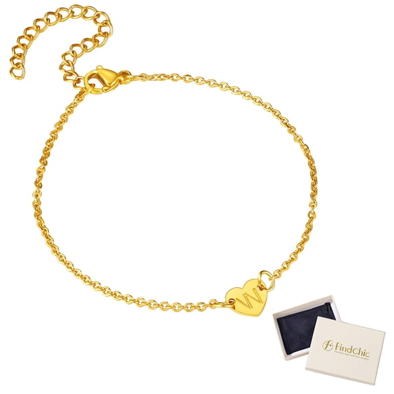 FindChic Charm Bracelets for Women Heart Initial Letter W Charm Gold Plated Bracelet for Mom Girlfriend Birthday Mother's Day Gift with Box