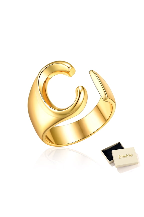 14K Gold Plated Initial Rings for Women, Personalized Letter C Ring Adjustable Open Statement Jewelry Stacking Ring Christmas Birthday Gifts for Wife Girlfriend