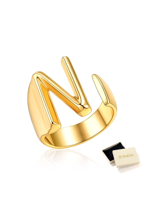 14K Gold Plated Initial Rings for Women, Personalized Letter N Ring Adjustable Open Statement Jewelry Stacking Ring Christmas Birthday Gifts for Wife Girlfriend