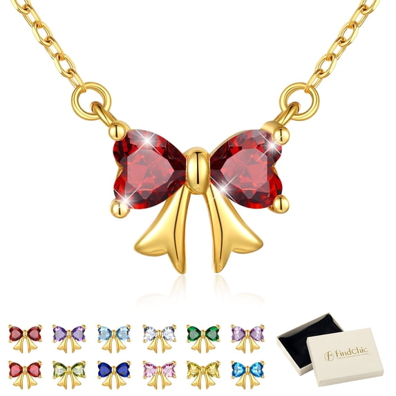 FindChic 14K Gold Plated Necklace for Women, Love Heart Cubic Zirconia Pendant January Birthstone Bow Necklaces Birthday Mothers Day Jewelry Gifts Her Wife Lady Adults Ideas