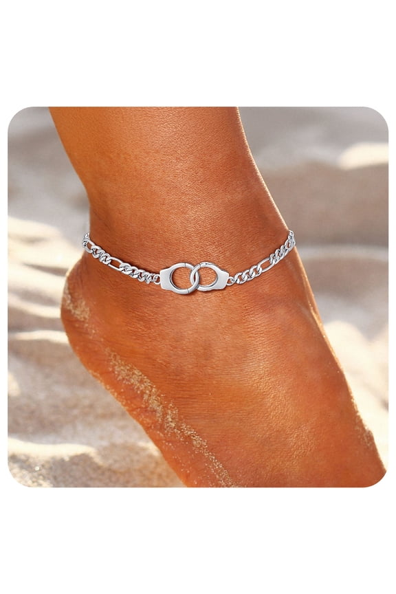 Handcuff Ankle Bracelets for Women Silver Anklets 8.5" Adjustable Ankle Chain Birthday Mothers Day Jewelry Gifts Her Mom Wife Lady Adults Age Ideas