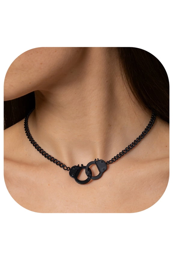 Black Handcuff Necklace for Women Stainless Steel Cuban Chain Interlocking Friendship Statement Necklaces Birthday Mothers Day Jewelry Gifts Her Mom Adults Age Ideas, 14''