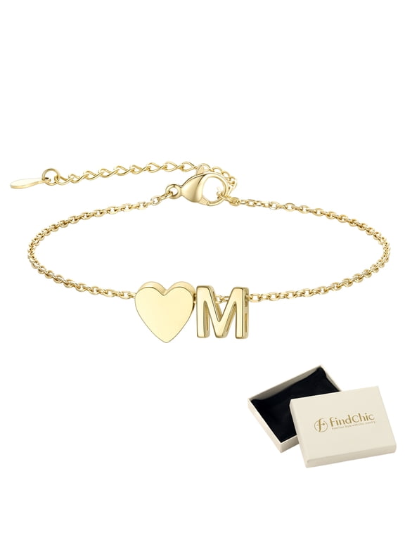 Heart Initial Bracelets for Women, Personalized Letter M Bracelet Charms Adjustable 14K Gold Plated Bracelets Birthday Graduation Jewelry Gifts for Women/Friend/Wife