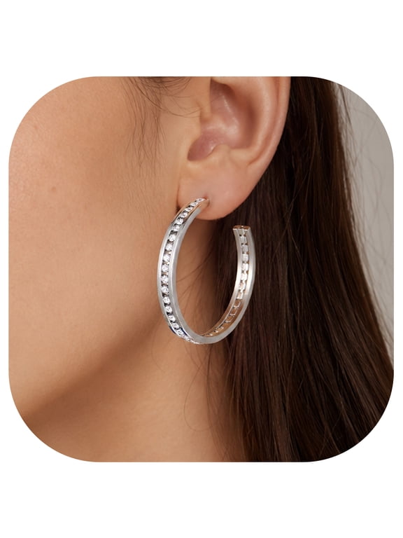 Hoop Earrings for Women, 40mm Silver Stainless Steel Hoops with Cubic Zirconia, Birthday Christmas Stuffers Jewelry Gifts for Mom Daughter