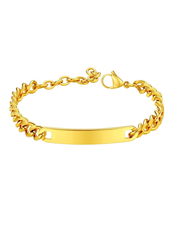 ID Bracelets for Women 14K Gold Plated Stainless Steel Blank Bar Bracelet Cuban Link Chain Bangle Birthday Mothers Day Jewelry Gifts Her Mom Wife Adults Ideas, 7inch