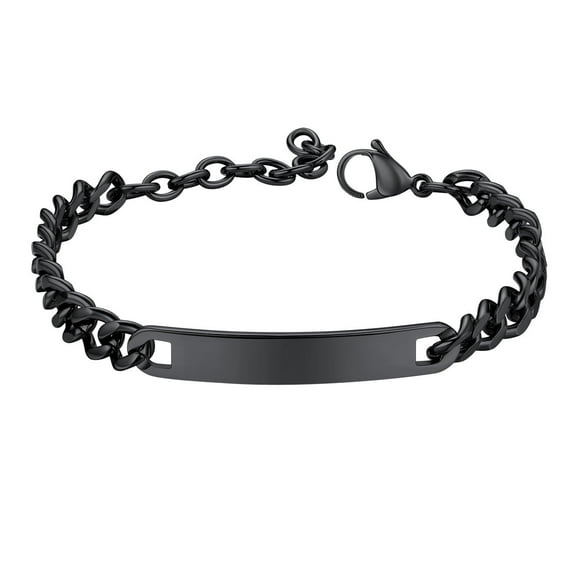 FindChic ID Bracelets for Women Black Stainless Steel Blank Bar Bracelet Cuban Link Chain Bangle Birthday Mothers Day Jewelry Gifts Her Mom Wife Adults Ideas, 7inch