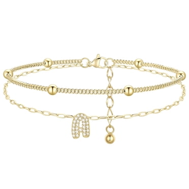 FindChic Initial Anklets for Women, 14K Gold Plated Layered Beaded Ankle Bracelet with Cubic Zirconia Alphabet A Adjustable Waterproof Summer Foot Jewelry for Birthday Mothers Day Gifts