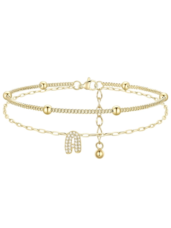 Initial Anklets for Women, 14K Gold Plated Layered Beaded Ankle Bracelet with Cubic Zirconia Alphabet A Adjustable Waterproof Summer Foot Jewelry for Birthday Mothers Day Gifts