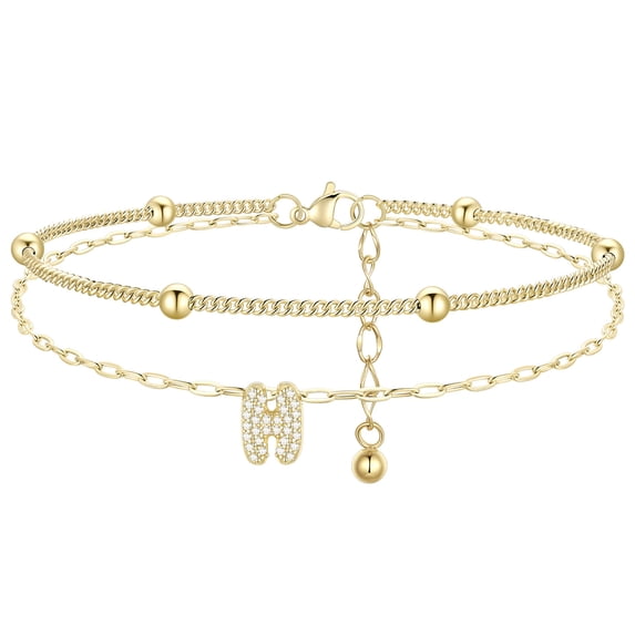 FindChic Initial Anklets for Women, 14K Gold Plated Layered Beaded Ankle Bracelet with Cubic Zirconia Alphabet H Adjustable Waterproof Summer Foot Jewelry for Birthday Mothers Day Gifts