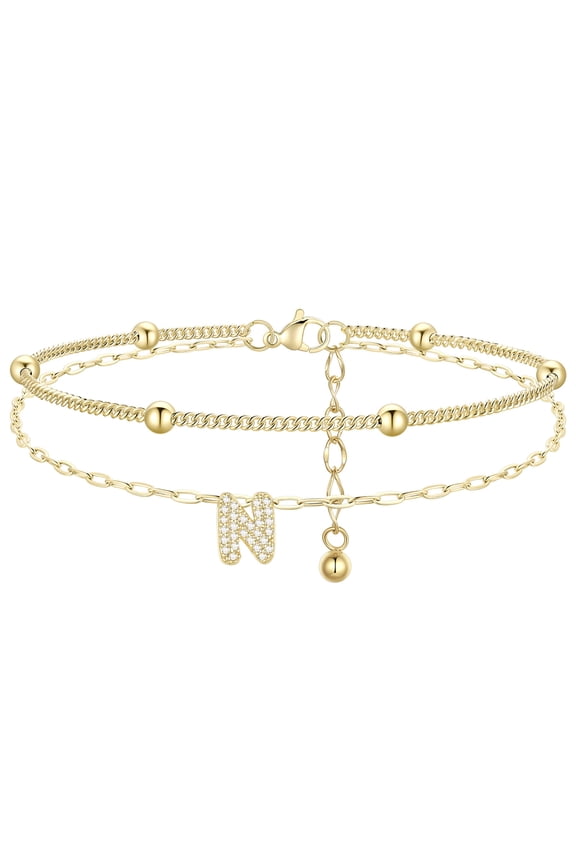 Initial Anklets for Women, 14K Gold Plated Layered Beaded Ankle Bracelet with Cubic Zirconia Alphabet N Adjustable Waterproof Summer Foot Jewelry for Birthday Mothers Day Gifts