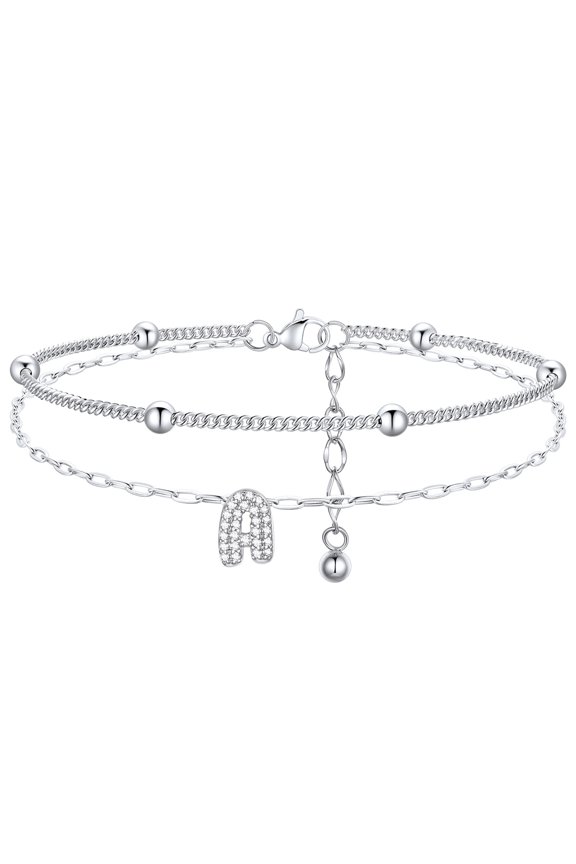 Initial Anklets for Women, Silver Layered Beaded Ankle Bracelet with Cubic Zirconia Alphabet A Adjustable Waterproof Summer Foot Jewelry for Birthday Mothers Day Gifts