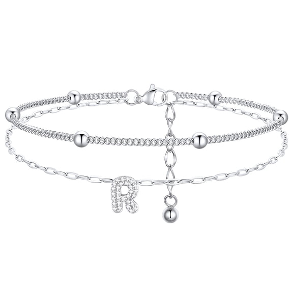FindChic Initial Anklets for Women, Silver Layered Beaded Ankle Bracelet with Cubic Zirconia Alphabet R Adjustable Waterproof Summer Foot Jewelry for Birthday Mothers Day Gifts