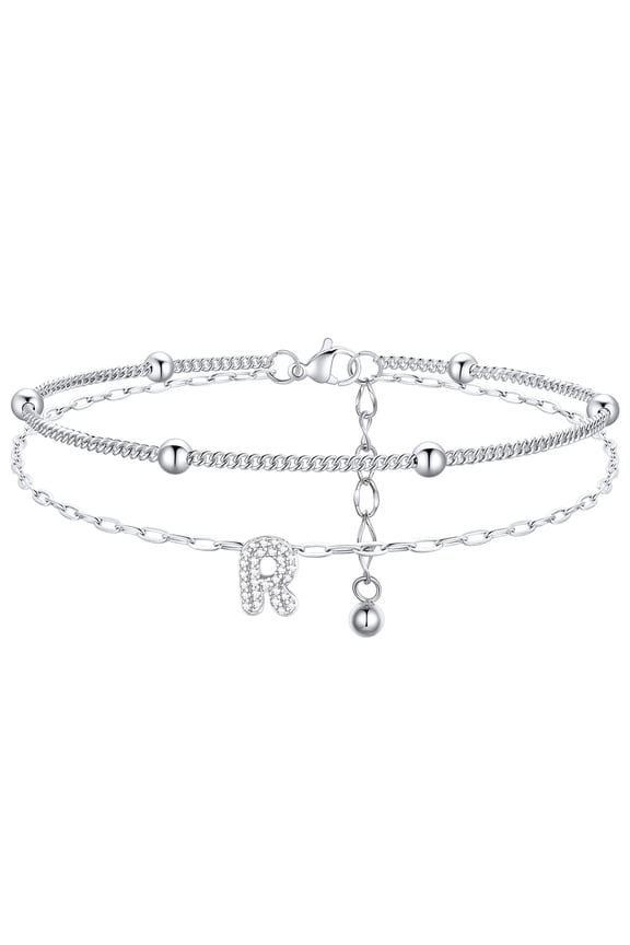 Initial Anklets for Women, Silver Layered Beaded Ankle Bracelet with Cubic Zirconia Alphabet R Adjustable Waterproof Summer Foot Jewelry for Birthday Mothers Day Gifts