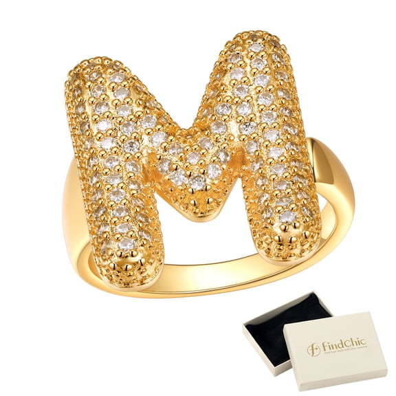 FindChic Initial Ring for Women, Personalized 14K Gold Plated Letter M Rings Chunky Open Adjustable Statement Rings with Sparkling Cubic Zirconia Jewelry Gifts for Birthday Graduation