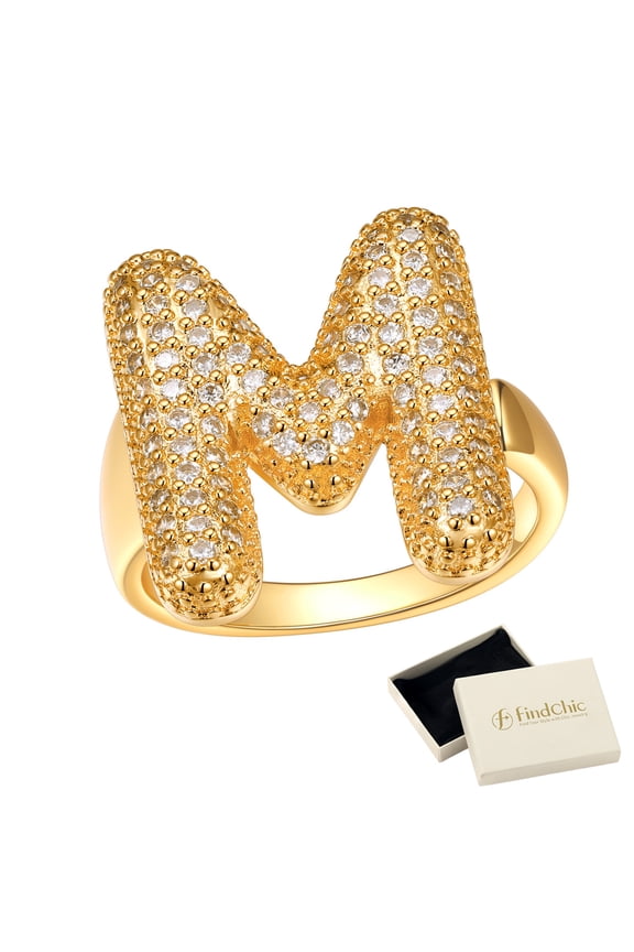 Initial Ring for Women, Personalized 14K Gold Plated Letter M Rings Chunky Open Adjustable Statement Rings with Sparkling Cubic Zirconia Jewelry Gifts for Birthday Graduation