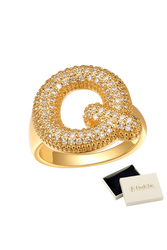 Initial Ring for Women, Personalized 14K Gold Plated Letter Q Rings Chunky Open Adjustable Statement Rings with Sparkling Cubic Zirconia Jewelry Gifts for Birthday Graduation