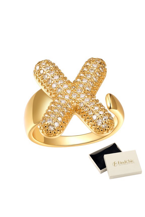 Initial Ring for Women, Personalized 14K Gold Plated Letter X Rings Chunky Open Adjustable Statement Rings with Sparkling Cubic Zirconia Jewelry Gifts for Birthday Graduation