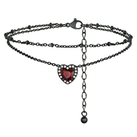 FindChic January Birthstone Anklets for Women Layered Beaded Ankle Bracelets Black Stainless Steel Heart Foot Chain Summer Jewelry for Girlfriend Mom, with Gift Box
