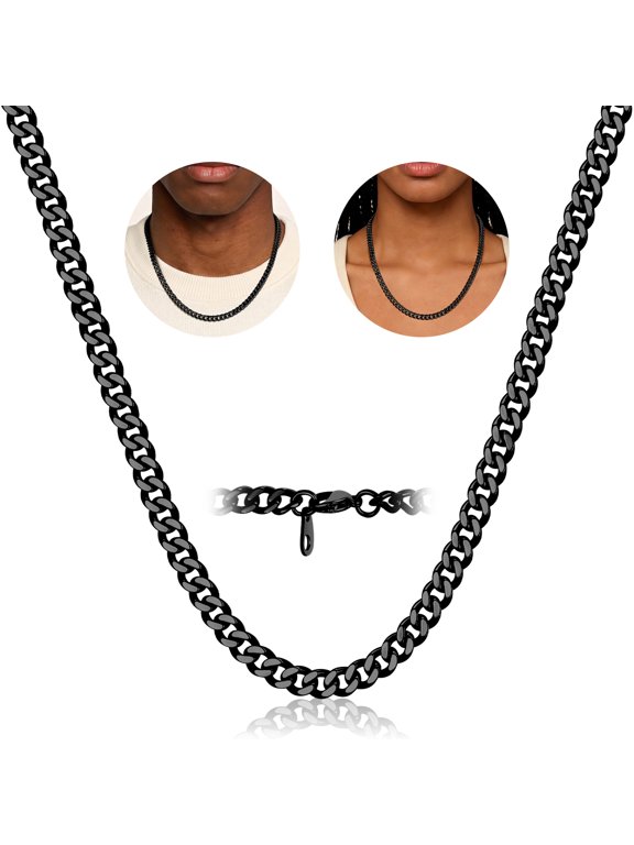 Black Necklace for Men Chunky Stainless Steel Cuban Link Chain Birthday Graduation Fathers Day Jewelry Gifts Him Boyfriend Husband Adults Male Son Age Ideas, 7mm/20inch