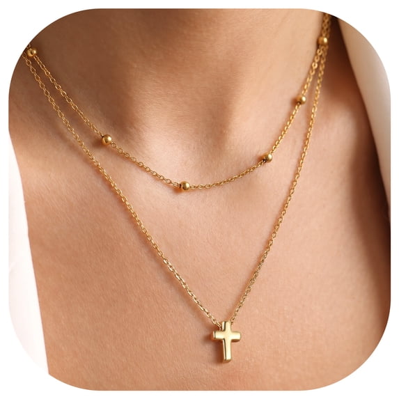 FindChic Layered Cross Necklace for Women, 14K Gold Plated Cross Pendant Necklace Trendy Beaded Chain Choker Necklaces Christian Faith Jewelry Gifts for Women