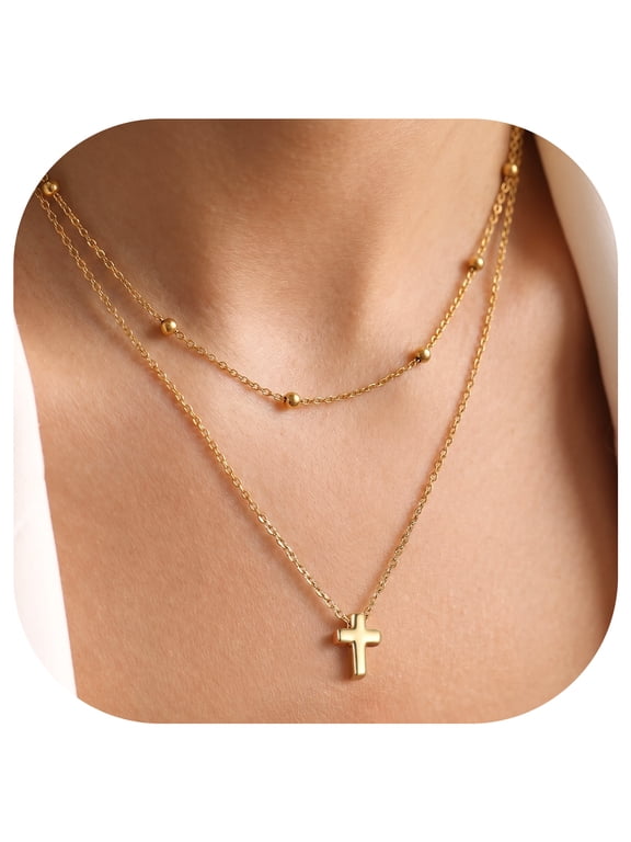 Layered Cross Necklace for Women, 14K Gold Plated Cross Pendant Necklace Trendy Beaded Chain Choker Necklaces Christian Faith Jewelry Gifts for Women